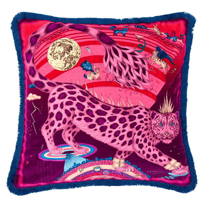 The Snow Leopard Luxury Velvet Cushion in Berry, featuring vibrant pinks, luxurious purples and striking blues with opulent ruche fringing. Designed by Emma J Shipley, inspired by Dante’s Inferno and Paradiso from the 14th century and Ingmar Bergman’s film “The Seventh Seal”