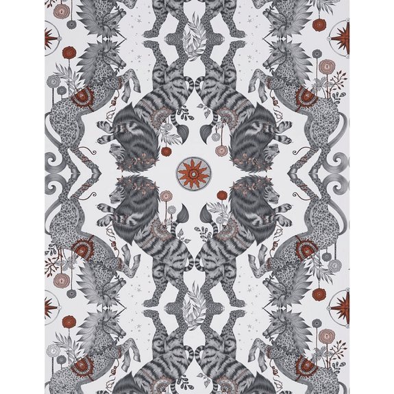 Nude | A wider look at the Nude Caspian wallpaper, inspired by the Chronicles of Narnia featuring a Lion and a Unicorn designed by Emma J Shipley and manufactured by Clarke & Clarke