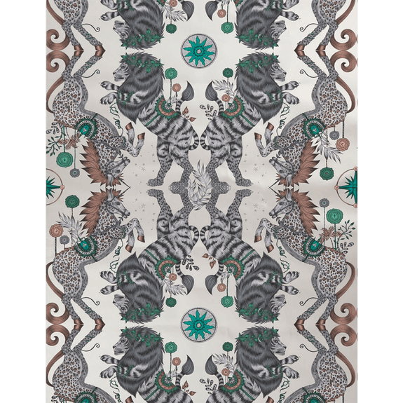 Gilver | A wider look at the Gilver Caspian wallpaper, inspired by the Chronicles of Narnia featuring a Lion and a Unicorn designed by Emma J Shipley and manufactured by Clarke & Clarke