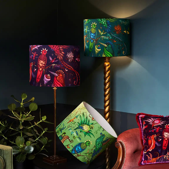 Violet | Quetzal Lampshades in Jungle, Teal and Violet designed by Emma J Shipley in London, inspired by Costa Rica's Cloud Forest