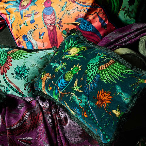 Teal | Detail close up photo of Quetzal Luxury Velvet Bolster Cushion in Teal designed by Emma J Shipley in London inspired by Costa Rica's Cloud Forest