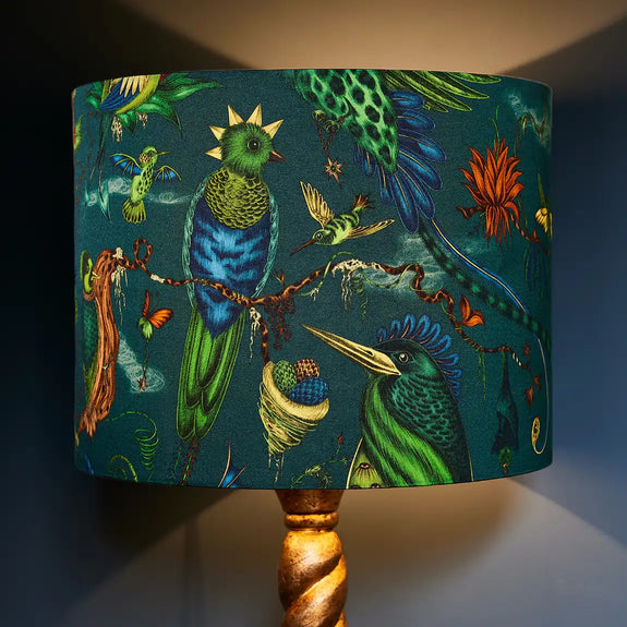 Teal | Quetzal Silk Lampshade in Teal lit up inspired by Costa Rica Cloud Forest designed by Emma J Shipley in London