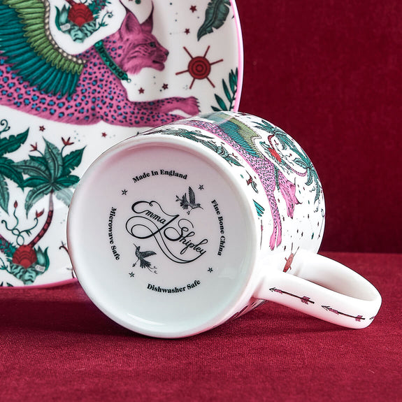 4 | Lynx Mug designed by Emma J Shipley, crafted in fine bone china by skilled artisans in Stoke on Trent UK, hand decorated with an exquisitely detailed and colourful artwork with a Lynx, leaping through a starry night sky surrounded by magical creatures in pink, magenta and verdant green shades - part of the Fine China Dining collection