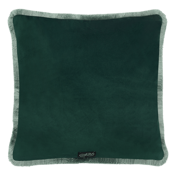 Forest | The Snow Leopard Luxury Velvet Cushion in Forest, featuring enchanting blues, striking greens and flame reds with opulent ruche fringing. Designed by Emma J Shipley, inspired by Dante’s Inferno and Paradiso from the 14th century and Ingmar Bergman’s film “The Seventh Seal”