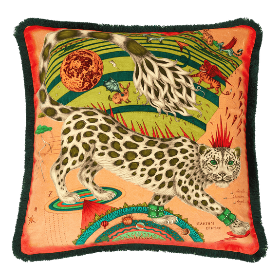 Blush | The Snow Leopard Luxury Velvet Cushion in Blush, featuring sumptuous oranges and statement greens with opulent ruche fringing. Designed by Emma J Shipley, inspired by Dante’s Inferno and Paradiso from the 14th century and Ingmar Bergman’s film “The Seventh Seal”
