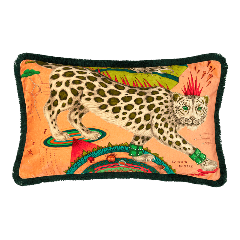  The Snow Leopard Luxury Velvet Bolster Cushion in Blush, featuring enchanting oranges, striking greens and flame reds with opulent ruche fringing. Designed by Emma J Shipley, inspired by Dante’s Inferno and Paradiso from the 14th century and Ingmar Bergman’s film “The Seventh Seal”.
