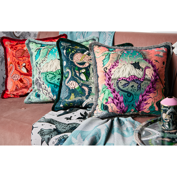Pink | Emma J Shipleys new luxury velvet cushions, in Highlandia & Wonder World exude magical journeys through mystical lands and the Scottish Highlands