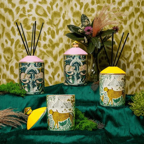 A group picture of the new Home Fragrance collection by Emma J Shipley with Bahoma - featuring the Wonder World Candle 