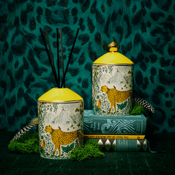 The Cheetah Diffusers features the animal on the front of the vessel as well as real gold details, the scent is Lemon & Grapefruit zest with vetiver