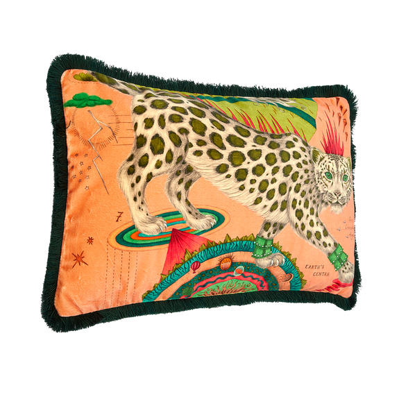 Blush | The Snow Leopard Luxury Velvet Bolster Cushion in Blush, featuring enchanting oranges, striking greens and flame reds with opulent ruche fringing. Designed by Emma J Shipley, inspired by Dante’s Inferno and Paradiso from the 14th century and Ingmar Bergman’s film “The Seventh Seal”.