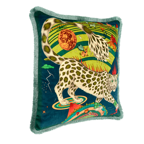 Forest | The Snow Leopard Luxury Velvet Cushion in Forest, featuring enchanting blues, striking greens and flame reds with opulent ruche fringing. Designed by Emma J Shipley, inspired by Dante’s Inferno and Paradiso from the 14th century and Ingmar Bergman’s film “The Seventh Seal