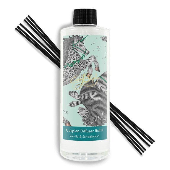 Caspian Diffuser Refill with 500ml of Madagascan Vanilla Pod and warm, resinous Sandalwood, with twenty reeds - hand drawn and designed by Emma J Shipley.