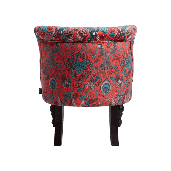 Red | Exotic jungle scenes cover the Amazon Langley Chair by Emma J Shipley for Clarke & Clarke. Embrace the luxurious red velvet of this classic occasional chair