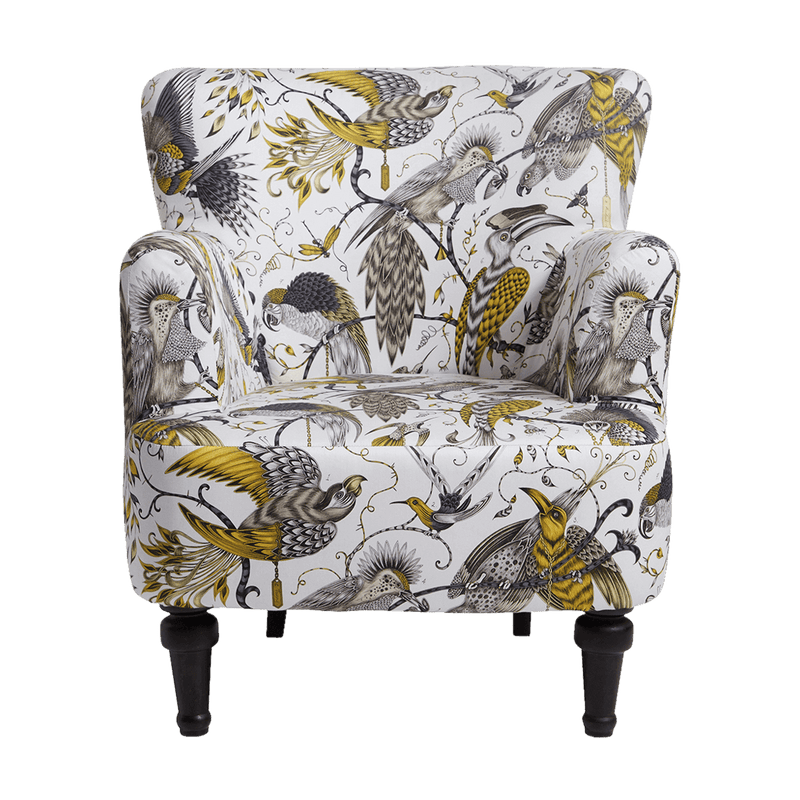  Bold interior statement furniture with the Audubon Gold Dalston Chair by Emma J Shipley for Clarke & Clarke is a stunning armchair which makes a bold statement in your interior