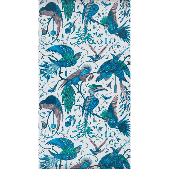 Jungle | A Wider look at the Jungle Lime Audubon Wallpaper is inspired by John James Audubon and features birds and vines, designed by Emma J Shipley x Clarke & Clarke