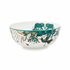 Zambezi Bowl designed by Emma J Shipley, crafted in fine bone china by skilled artisans in Stoke on Trent UK, hand decorated with an exquisitely detailed and colourful design featuring leopard spotted elephants, a leaping gazelle, soaring hornbills in layers of teal, greens and neutrals, part of the Fine China Dining collection