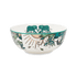 Zambezi Bowl designed by Emma J Shipley, crafted in fine bone china by skilled artisans in Stoke on Trent UK, hand decorated with an exquisitely detailed and colourful design featuring leopard spotted elephants, a leaping gazelle, soaring hornbills in layers of teal, greens and neutrals, part of the Fine China Dining collection