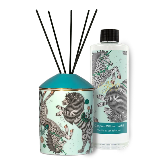 Caspian Diffuser Refill with 500ml of Madagascan Vanilla Pod and warm, resinous Sandalwood, with twenty reeds - hand drawn and designed by Emma J Shipley.