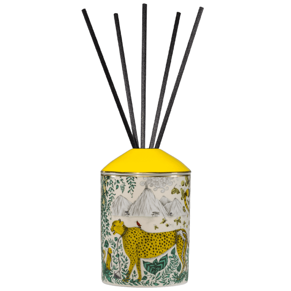 A Wider look at the Cheetah Diffuser, designed by Emma J Shipley with scents created by Bahoma, this diffuser features notes of Vetiver & Lemon Zest