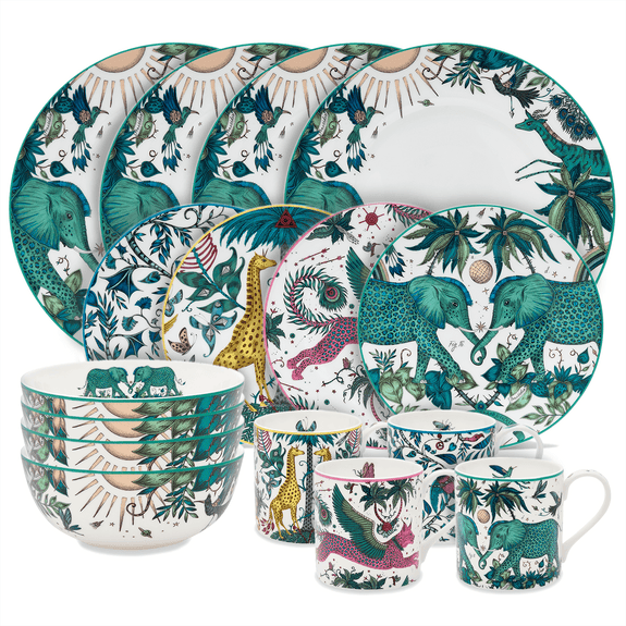 Zambezi Dinner Plates | The Explorer Dinner Set designed by Emma J Shipley, crafted in fine bone china by skilled artisans in Stoke on Trent UK, hand decorated with an exquisitely detailed and colourful design featuring leopard spotted elephants, a leaping gazelle, soaring hornbills in layers of teal, greens and neutrals, part of the Fine China Dining collection