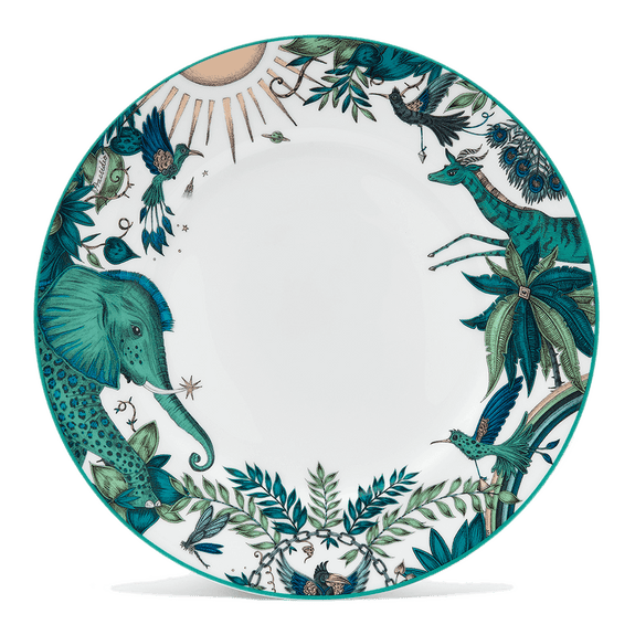 Zambezi Dinner Plate designed by Emma J Shipley, crafted in fine bone china by skilled artisans in Stoke on Trent UK, hand decorated with an exquisitely detailed and colourful design featuring leopard spotted elephants, a leaping gazelle, soaring hornbills in layers of teal, greens and neutrals, part of the Fine China Dining collection