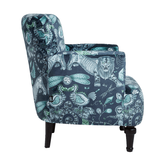 Navy | Side view of the Extinct Dalston Chair, upholstered with our best selling velvet from the Animalia range