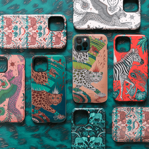 Blush | Snow Leopard phone case, featuring a striking leopard under a surrealist moon, with angelic, winged creatures accompanying the snow leopard on its journey. Inspired by Dante’s Inferno and Ingmar Bergman’s film “The Seventh Seal”, this phone case will add surrealism to your everyday, and would make the perfect gift for any animal lover. Designed in London by Emma J Shipley