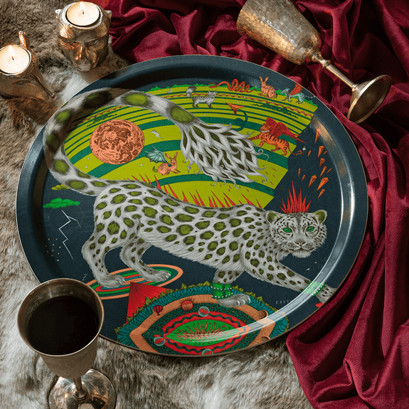 Forest | Medium | The Snow Leopard Forest design in the medium round tray styled with deep reds and rustic metals designed by Emma J Shipley
