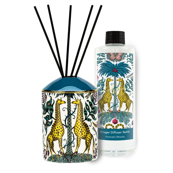 Kruger Diffuser Refill with 500ml of aromatic accords, Sandalwood, Tonka Beans and a Vanilla Absolut base with twenty reeds - hand drawn and designed by Emma J Shipley.