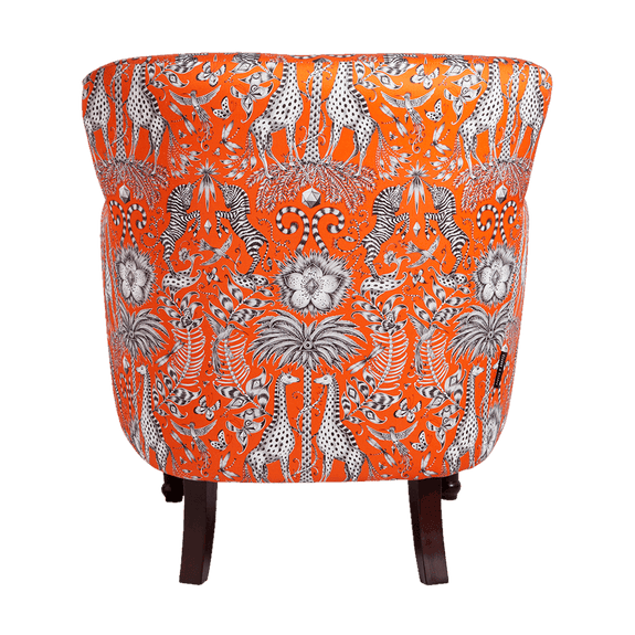 Flame | Back view of the Kruger Dalston Chair, covered in Emma J Shipley hand drawn fabric, embracing the magic of an African safari trip