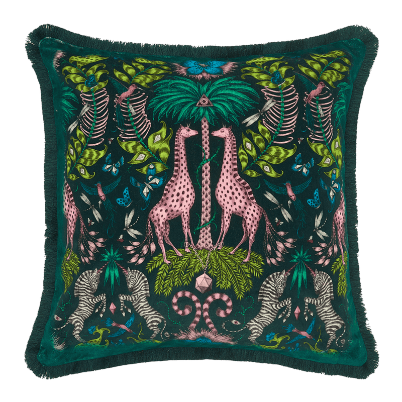  The Kruger Luxury Velvet Cushion in the Teal colour has enchanting soft pinks and bright lime greens designed by Emma J Shipley