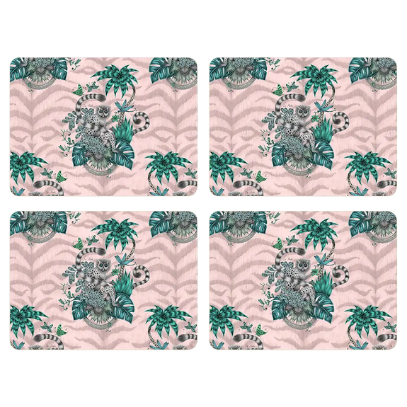 Pink | Medium | 4 | The Lemur Pink Placemat featuring the madagascan Lemur, palm trees and leafy foliage, designed and drawn by Emma J Shipley