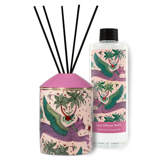 Lynx Diffuser Refill with 500ml of seductive notes of Tuberose and Gingerlily, set on an Amber and Musky base with twenty reeds - hand drawn and designed by Emma J Shipley.
