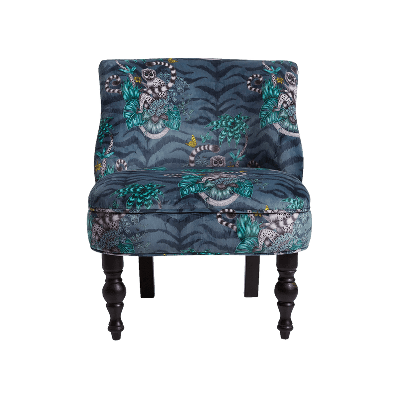  This exotic occasion chair is designed by Emma J Shipley in collaboration with Clarke & Clarke. The Lemur Langley chair features the beautiful Lemur velvet navy fabric and an enchanting design of a curious lemur