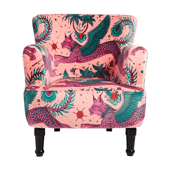 Coral | The striking velvet Lynx Dalston Chair designed by Emma J Shipley for Clarke & Clarke is a beautiful Coral upholstered chair with our Wilderie fabric