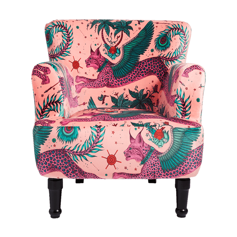  The striking velvet Lynx Dalston Chair designed by Emma J Shipley for Clarke & Clarke is a beautiful Coral upholstered chair with our Wilderie fabric