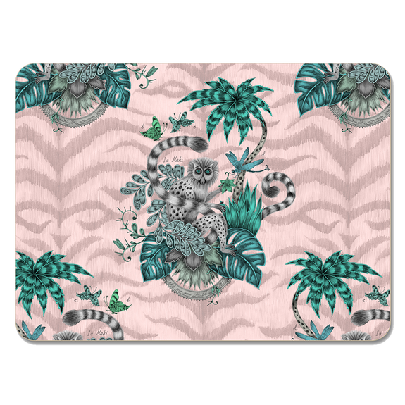 Pink | Medium | 1 | The Lemur Pink Placemat featuring the madagascan Lemur, palm trees and leafy foliage, designed and drawn by Emma J Shipley