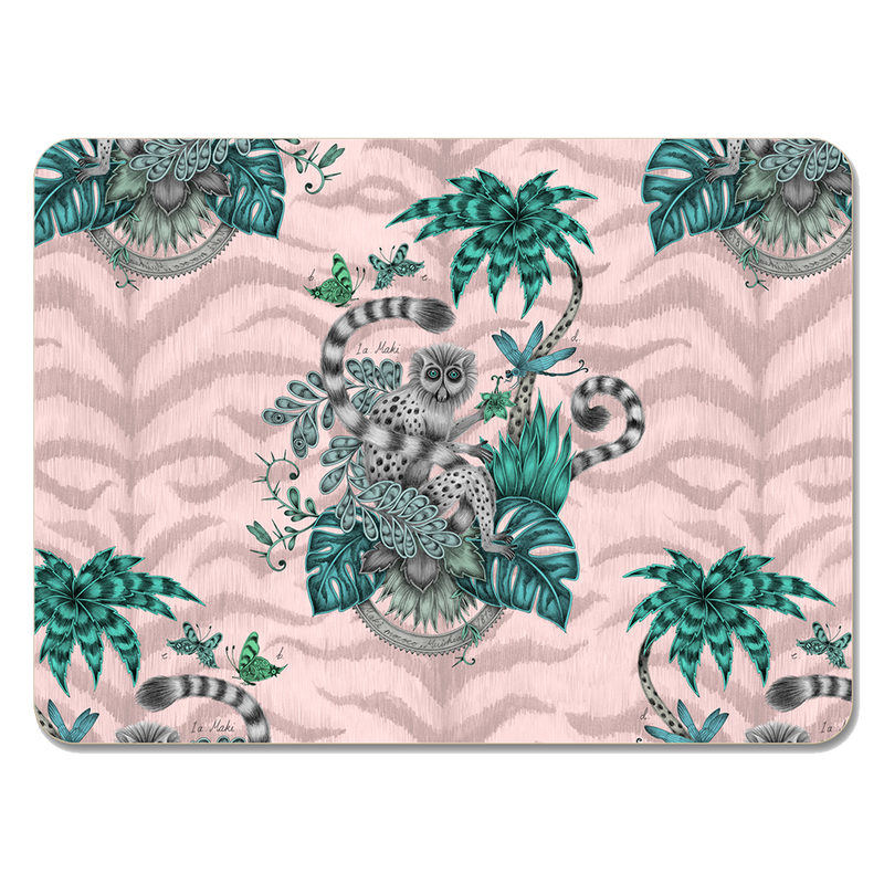  The Lemur Pink Placemat featuring the madagascan Lemur, palm trees and leafy foliage, designed and drawn by Emma J Shipley