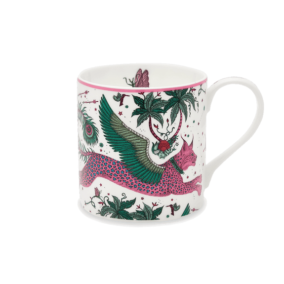 1 | Lynx Mug designed by Emma J Shipley, crafted in fine bone china by skilled artisans in Stoke on Trent UK, hand decorated with an exquisitely detailed and colourful artwork with a Lynx, leaping through a starry night sky surrounded by magical creatures in pink, magenta and verdant green shades - part of the Fine China Dining collection