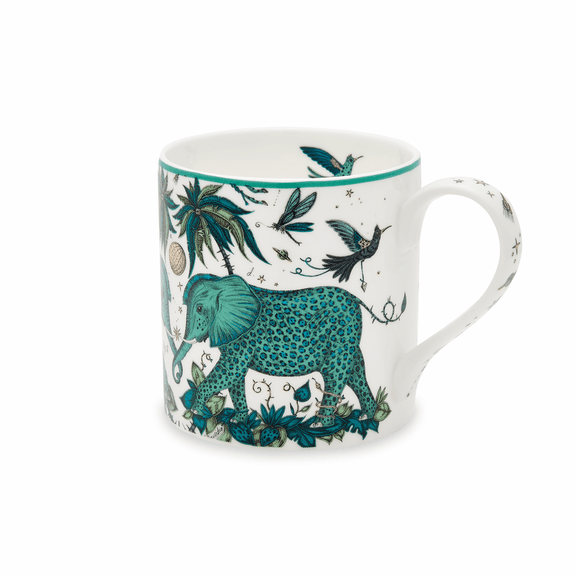 1 | Zambezi Mug designed by Emma J Shipley, crafted in fine bone china by skilled artisans in Stoke on Trent UK, hand decorated with an exquisitely detailed and colourful design featuring leopard spotted elephants, a leaping gazelle, soaring hornbills in layers of teal, greens and neutrals, part of the Fine China Dining collection
