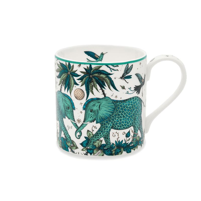  Zambezi Mug designed by Emma J Shipley, crafted in fine bone china by skilled artisans in Stoke on Trent UK, hand decorated with an exquisitely detailed and colourful design featuring leopard spotted elephants, a leaping gazelle, soaring hornbills in layers of teal, greens and neutrals, part of the Fine China Dining collection