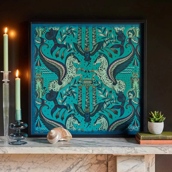 Peacock | Odyssey Framed Fine Art Silk Print in opulent Peacock, reminiscent of Grecian seas. Designed by Emma J Shipley in England.