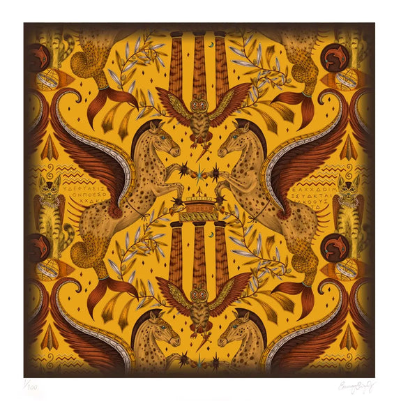 Gold | 24 x 24 inches | Fine Art Print featuring Emma J Shipley's hand-drawn Odyssey design in Gold, featuring fish-tailed Pegasi, inspired by the Greek god Poseidon.