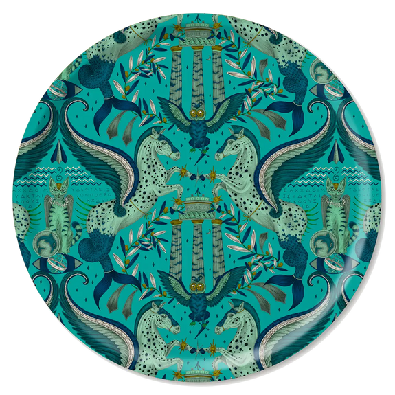 Peacock | Large | Round tray in Turquoise with Grecian Pegasus design, designed by Emma J Shipley in England