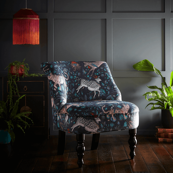 Navy | Protea Langley Chair designed by Emma J Shipley for Clarke & Clarke features the Protea Velvet in Navy from the Wilderie collection upon a decorative chair - a beautiful exotic occasional chair 