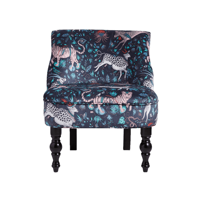  The Front of the Protea Navy Langley Chair features magical designs hand drawn by Emma J Shipley