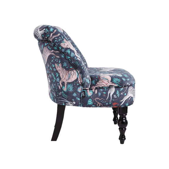 Navy | The side of the Protea Langley Chair showing off the design and the velvet front that coordinate magically, designed by Emma J Shipley with interior experts Clarke & Clarke