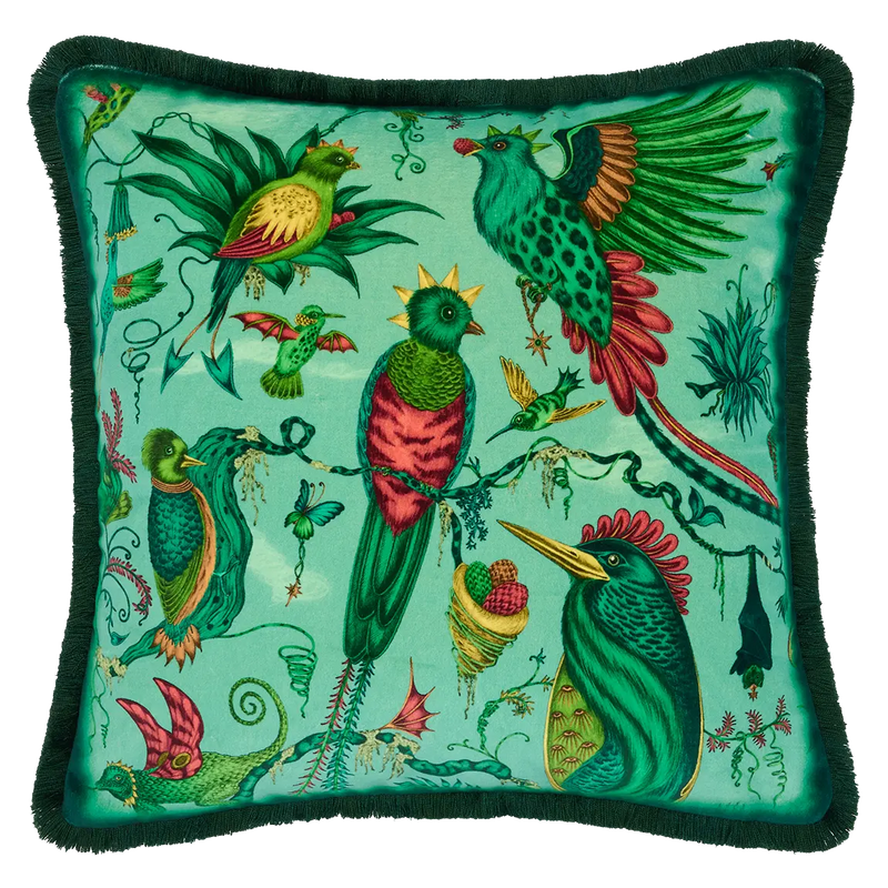  Quetzal Luxury Velvet Cushion in Aqua designed by Emma J Shipley in London inspired by Costa Rica's Cloud Forest