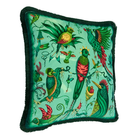 Aqua | Side of Quetzal Luxury Velvet Cushion in Aqua designed by Emma J Shipley in London inspired by Costa Rica's Cloud Forest