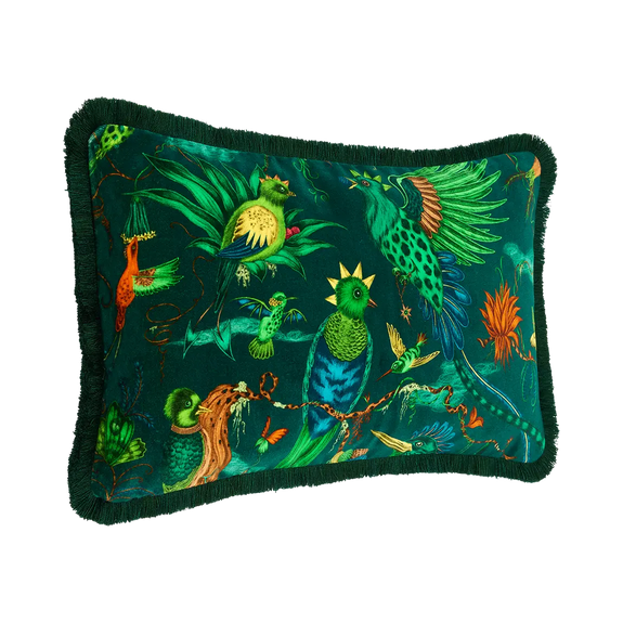 Teal | Side of Quetzal Luxury Velvet Bolster Cushion in Teal designed by Emma J Shipley in London inspired by Costa Rica's Cloud Forest